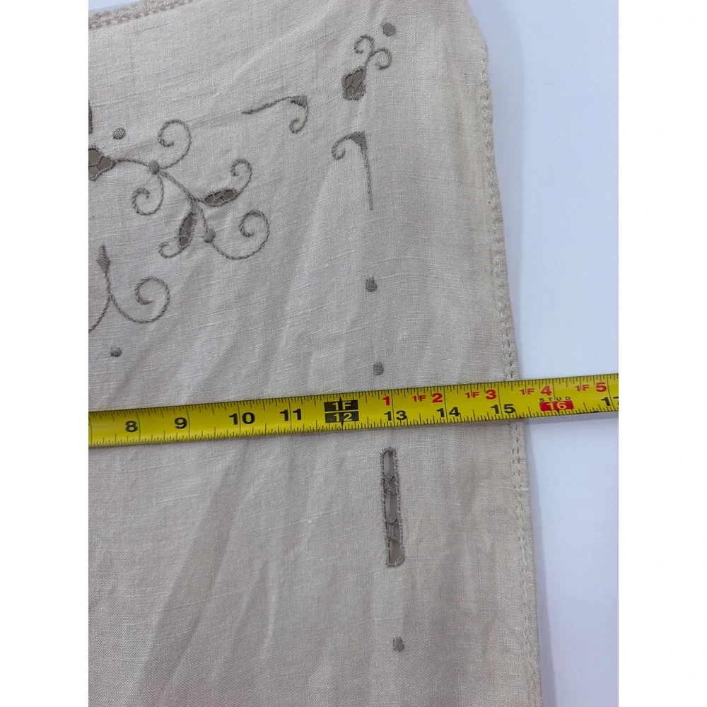 Vintage Hand Embroidered Linen Table Runner Beige Cutwork Floral Scroll 43x15.5